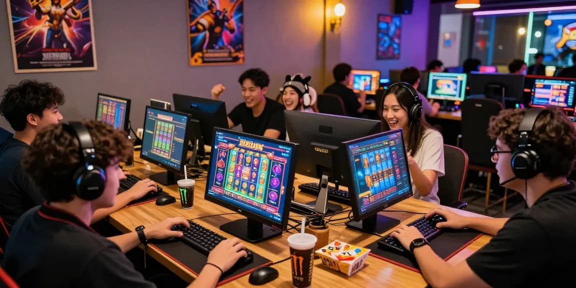 Players enjoying slot gacor on mobile devices in a lively urban gaming lounge, capturing excitement around Zeus game.