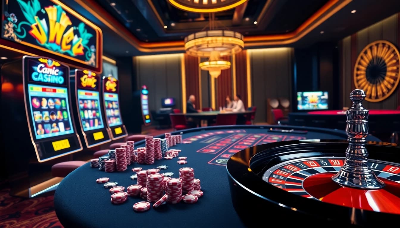 Players enjoying online games at luck8 trang chủ casino, highlighting vibrant slot machines and poker chips.