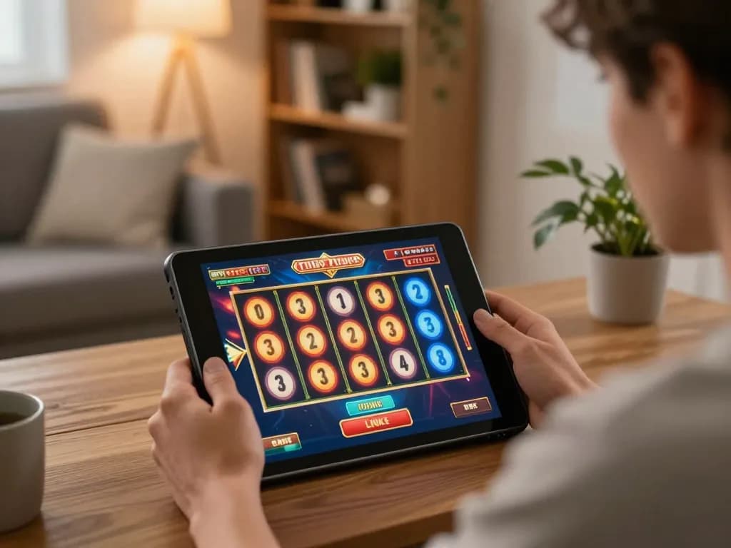 Menikmati permainan link slot yang menarik di tablet di lingkungan rumah yang nyaman, menampilkan grafis yang cerah dan gameplay yang menarik