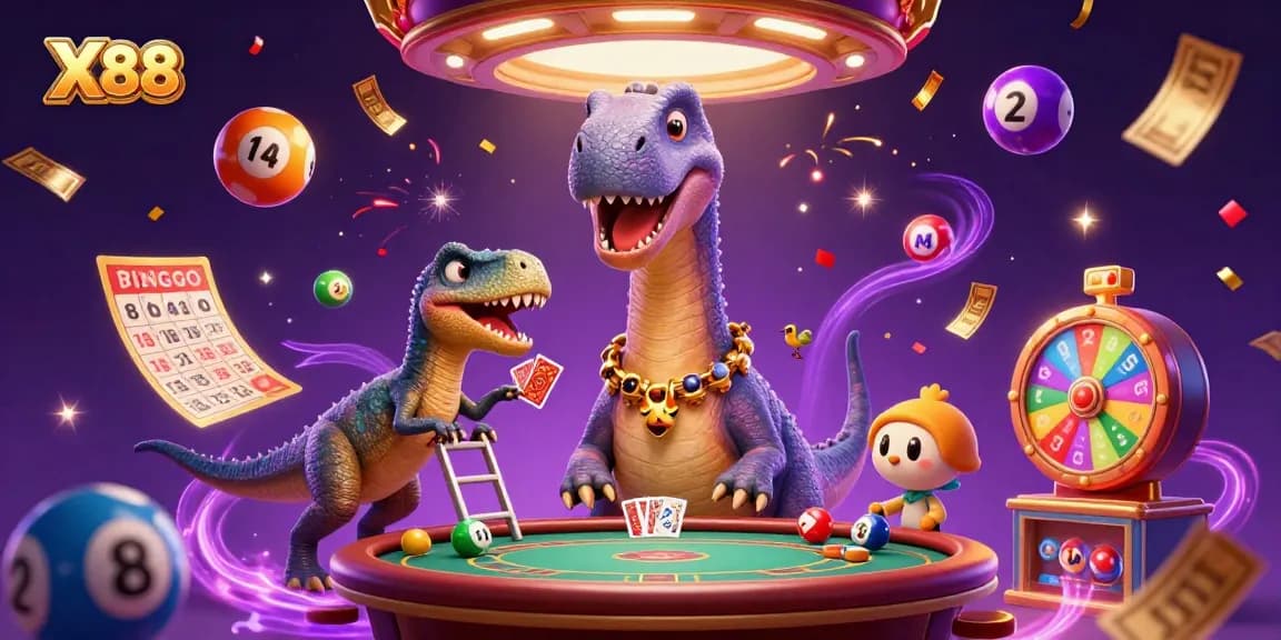 X88 brings excitement with cartoon dinosaurs at a casino, highlighting fun gaming elements and thrilling action.