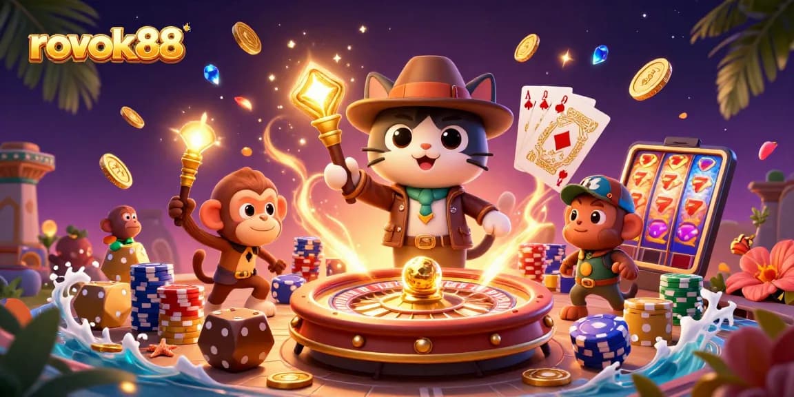 Experience the thrill of rokok88 with vibrant imagery of a cat explorer and exciting casino artifacts.