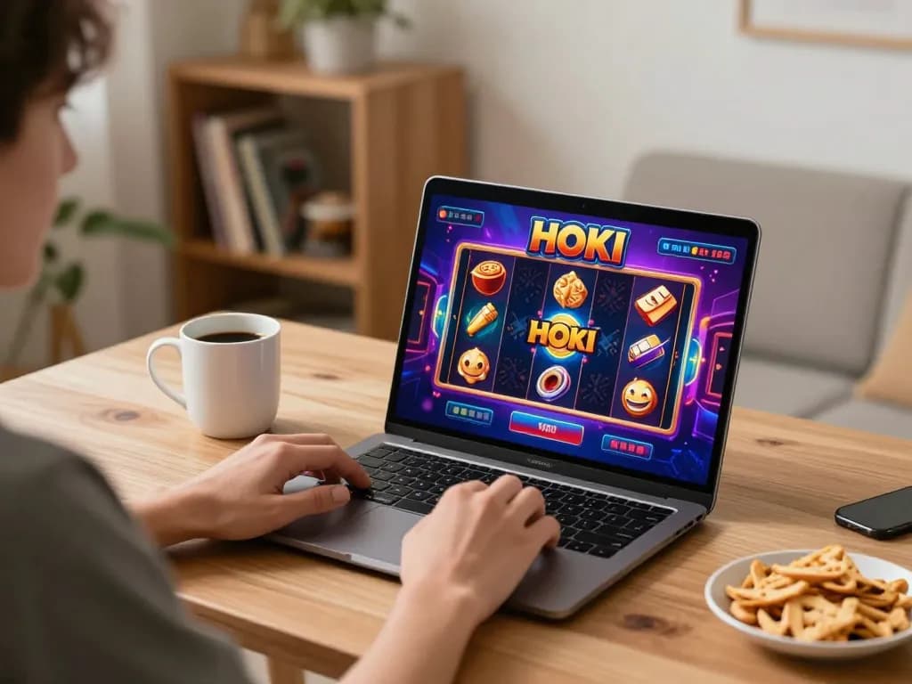 Engaging in hoki slot gameplay on a laptop with coffee and strategy books in a cozy setting.