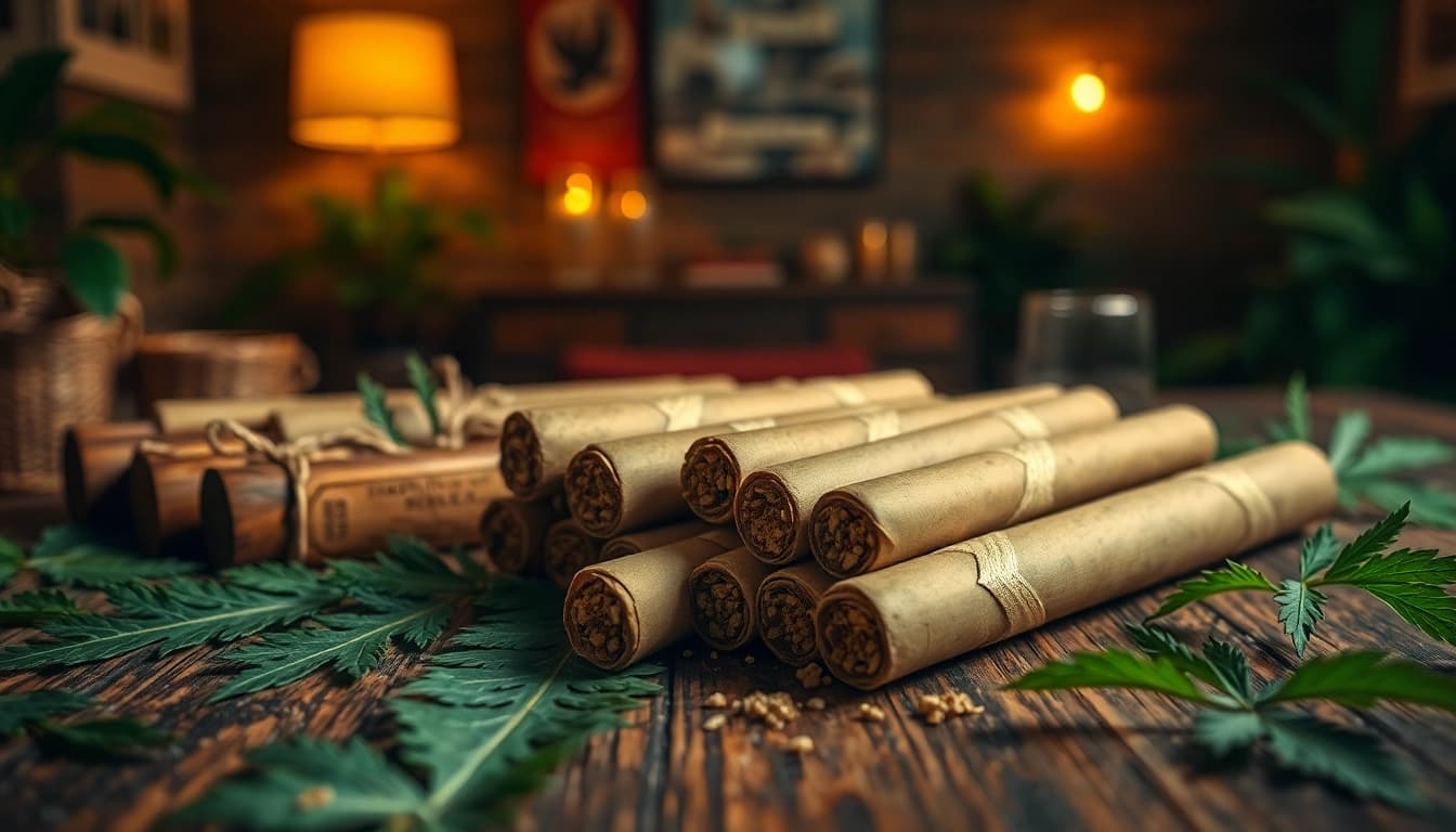 Enjoying delta 8 prerolls showcased elegantly on a rustic table with natural accents.