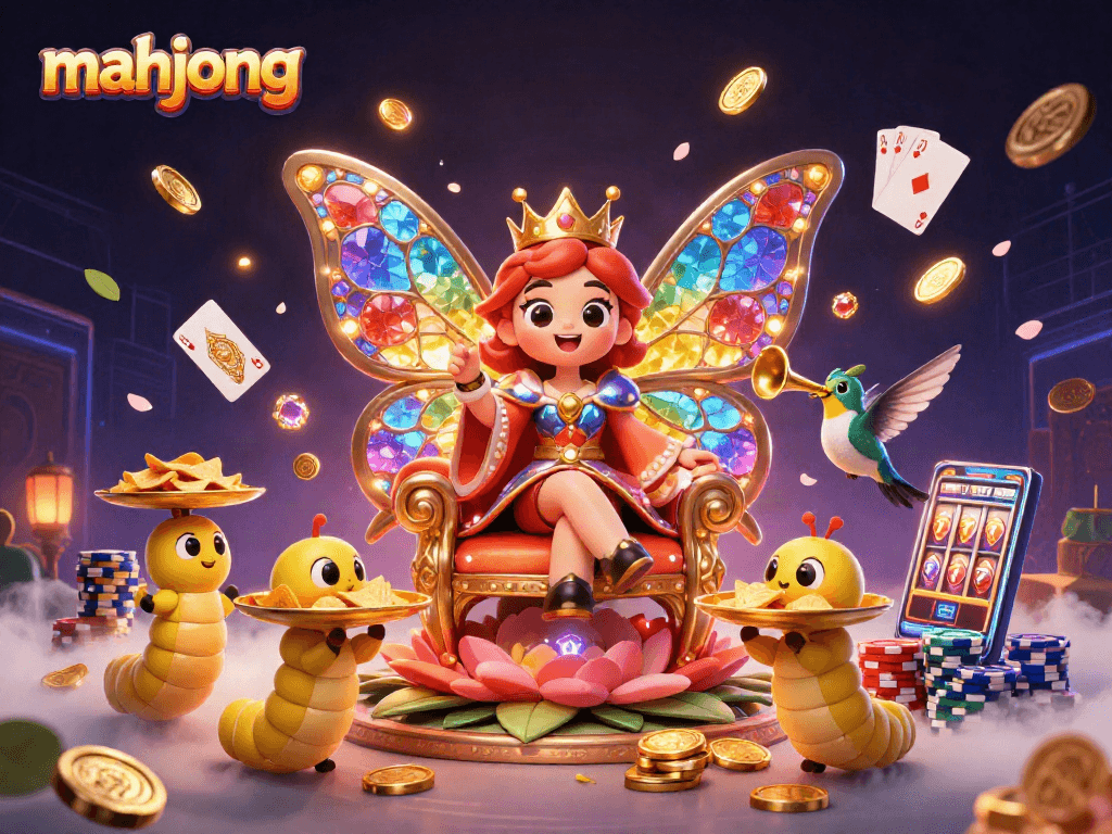 Play mahjong with a colorful butterfly queen surrounded by vibrant casino elements.