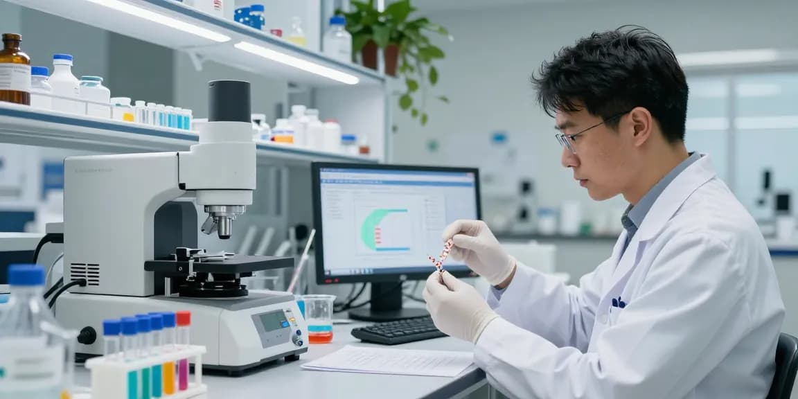 Scientist analyzing SwissChems peptide samples in a modern laboratory.