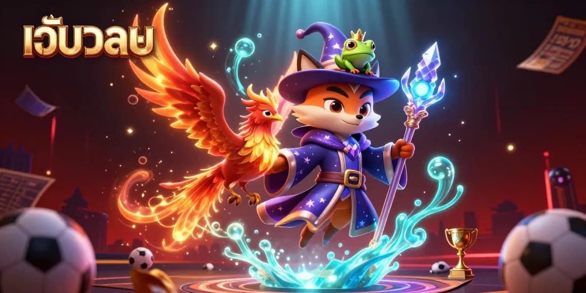 Experience thrilling เว็บบอล betting with a wizard fox and phoenix in vibrant, dynamic 3D illustration.