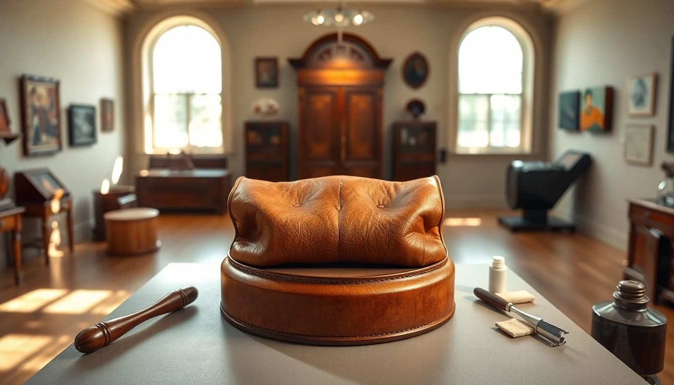 Pecard's museum-grade leather care techniques demonstrated on an antique leather artifact.