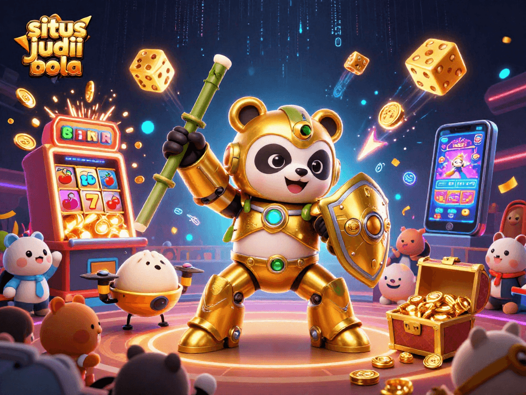 Experience exhilarating action at situs judi bola with a vibrant 3D illustration of a golden panda mech and vibrant game elements.