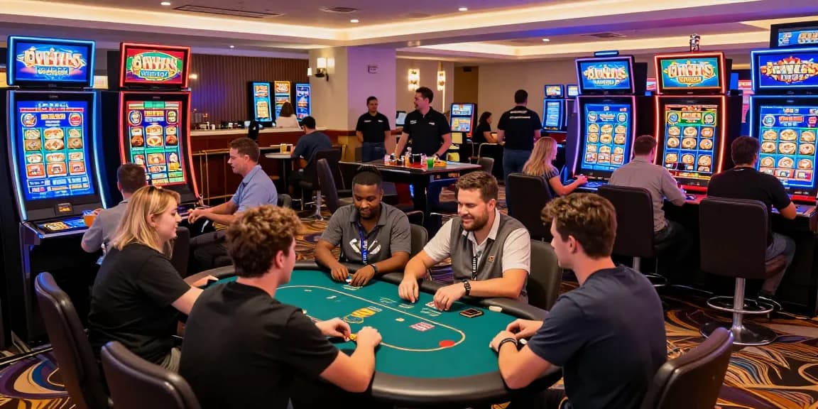 Exciting scene at credit card casinos with diverse players enjoying gaming machines and vibrant atmosphere.