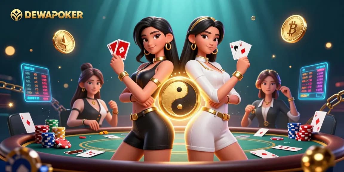Join the excitement at DEWAPOKER with this vibrant illustration of poker action and cryptocurrency.