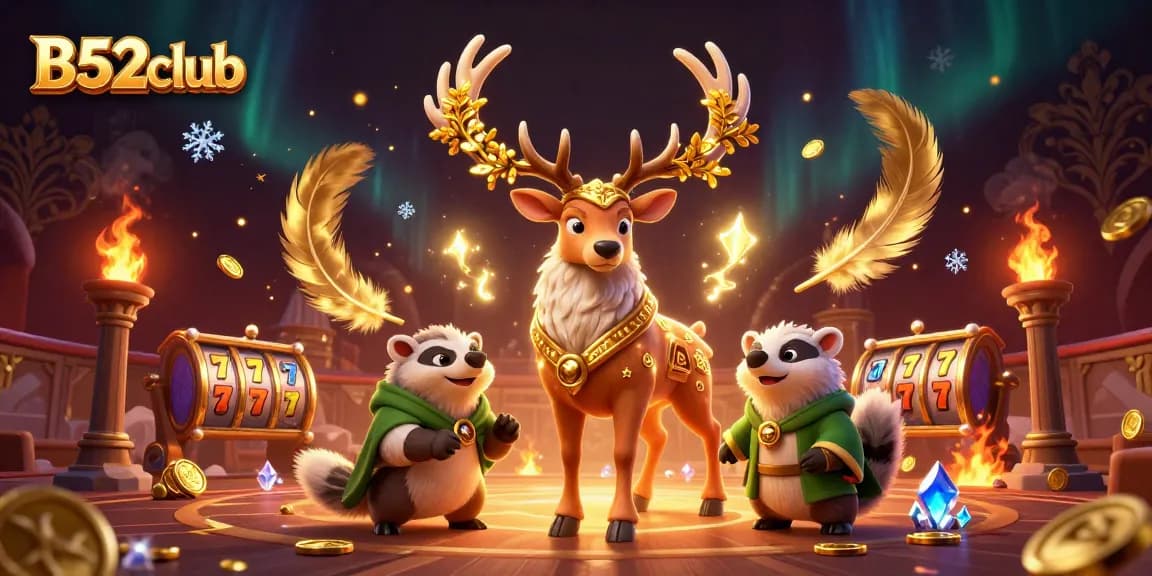 B52club showcases a vibrant 3D casino scene with glowing characters engaging in dynamic gaming.