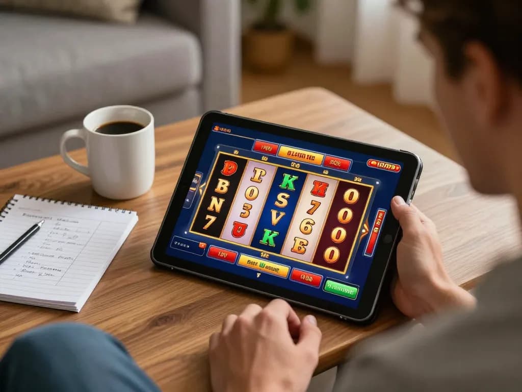 Playing 123b slots on a tablet in a cozy home setup creates an engaging online gaming experience.