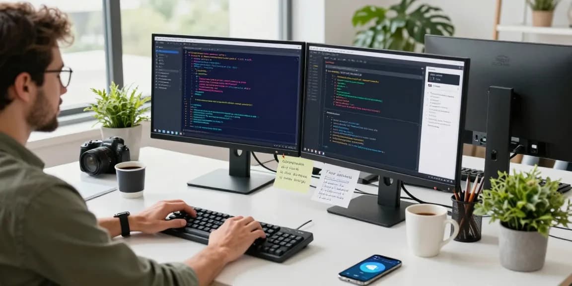 Developer using 纸飞机中文版 app on dual monitors in a modern workspace.