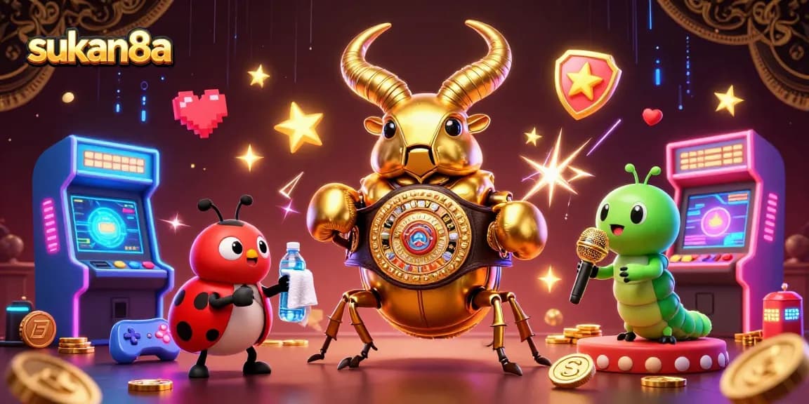 Sukan8a showcases a vibrant casino-themed scene with a champion stag beetle and arcade elements.