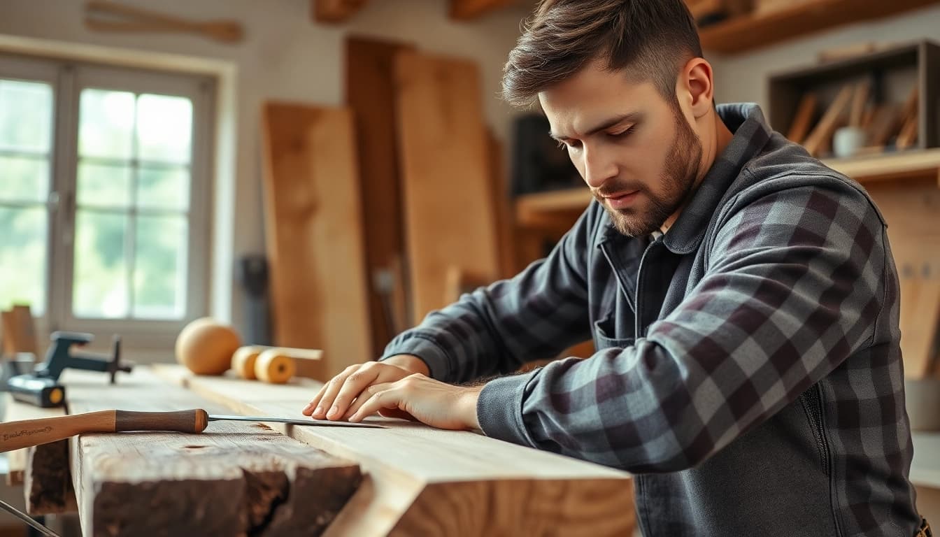 A carpenter demonstrates skills in a carpentry apprenticeship workshop, showcasing craftsmanship.