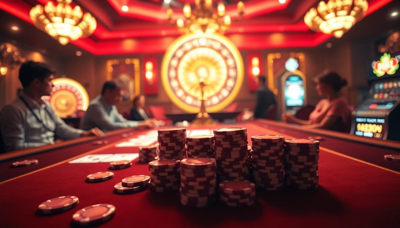 Betting at shbet casino with poker chips and vibrant casino atmosphere.