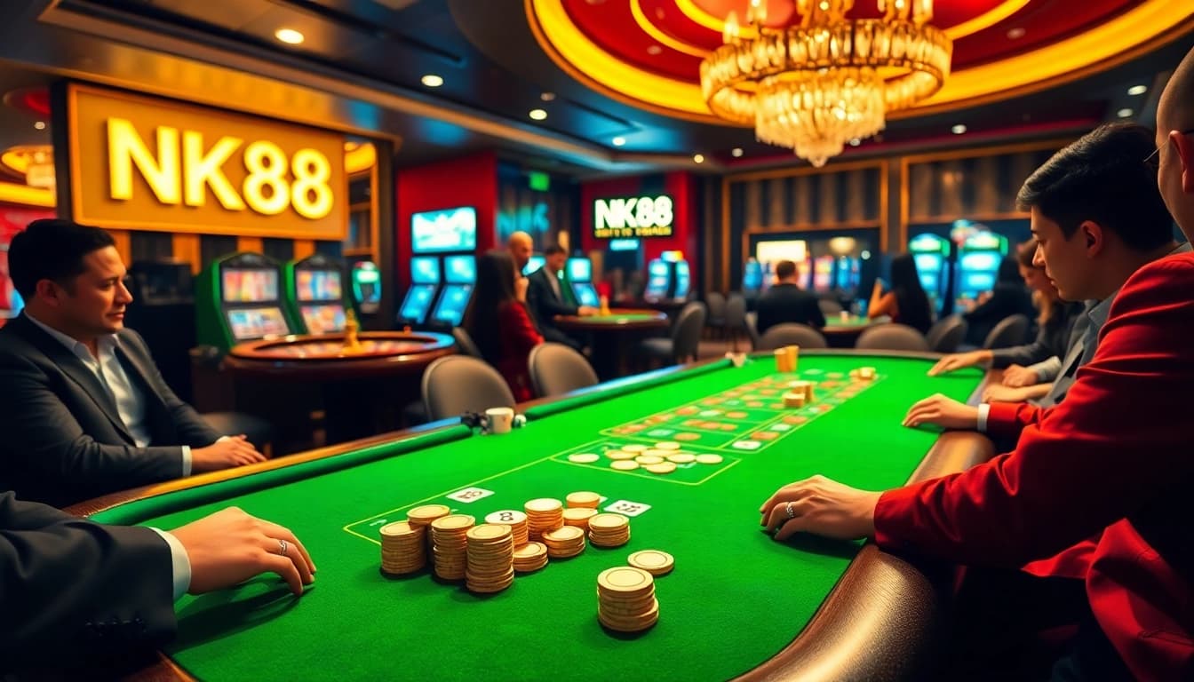 Gamblers enjoying a luxurious poker experience in a casino setting with NK88 branding.