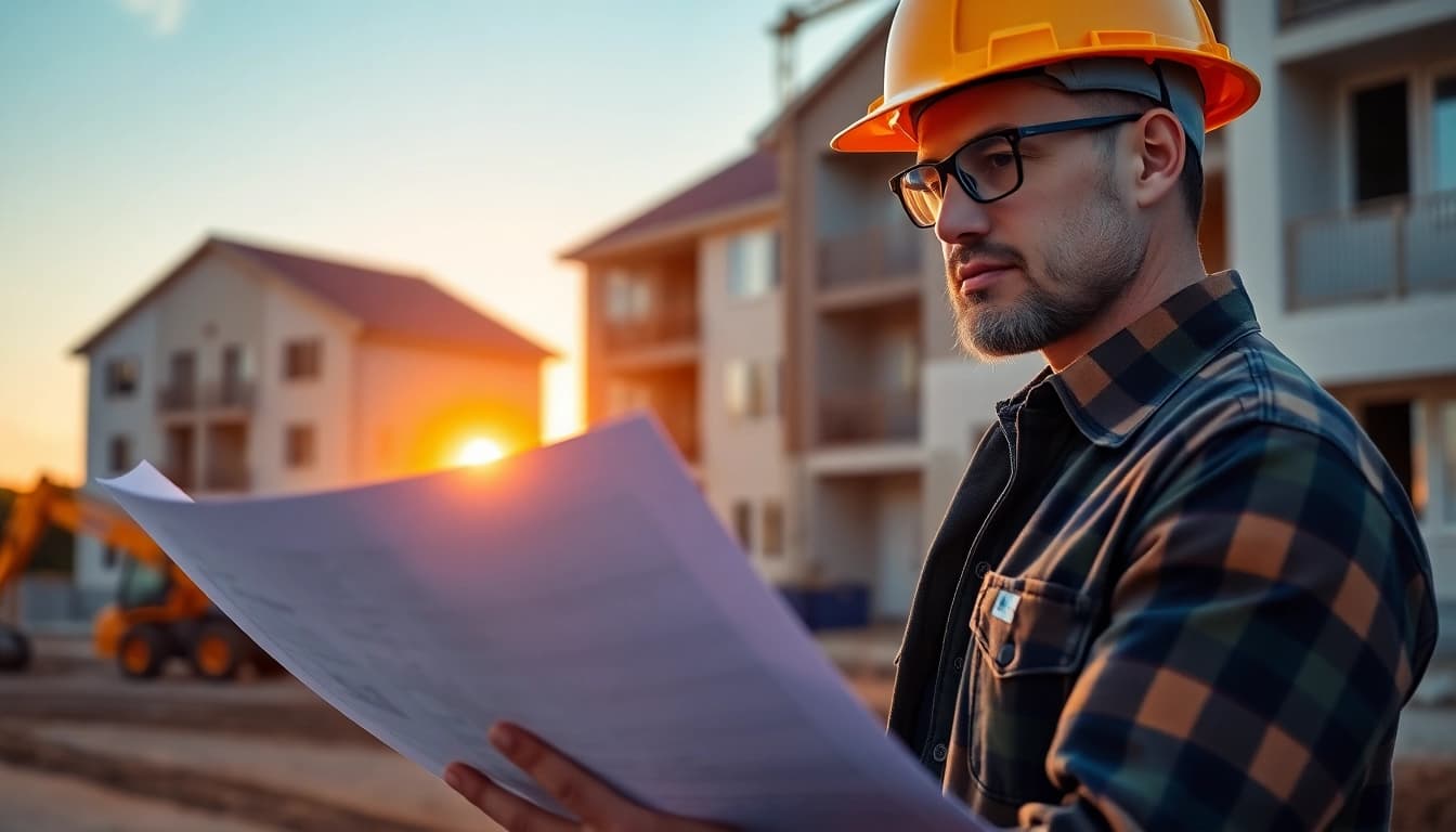 Residential building developer reviewing plans on-site at a construction project.