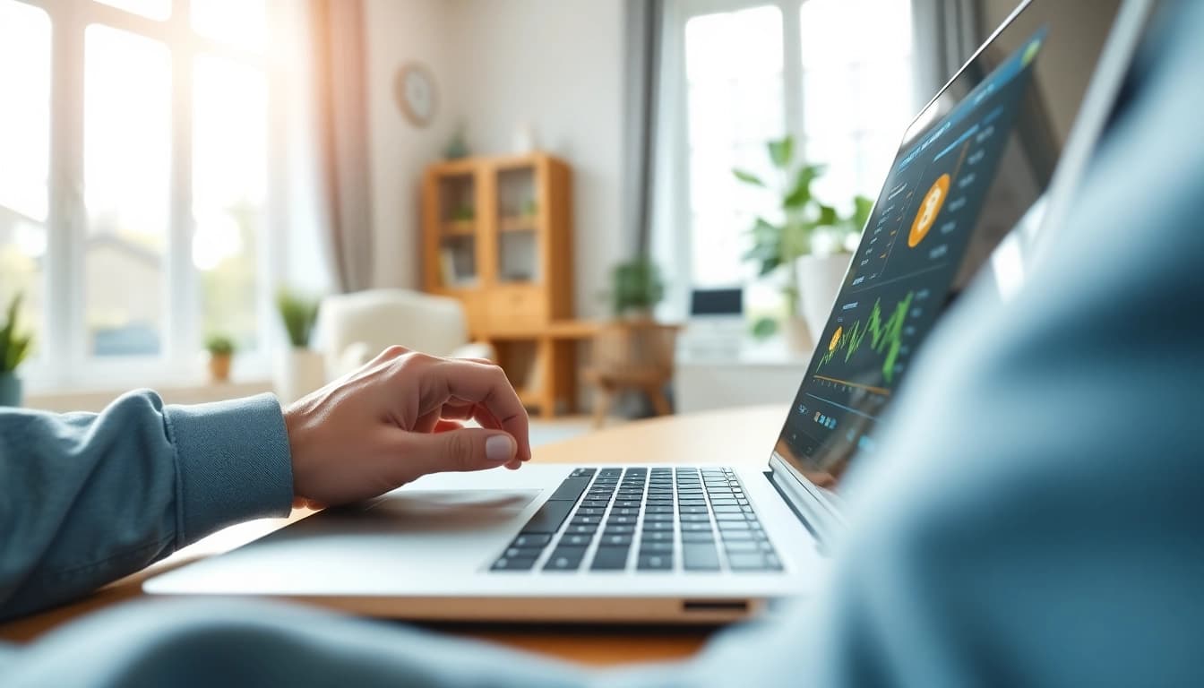 Acheter bitcoin facilement sur un ordinateur moderne dans un bureau chaleureux.