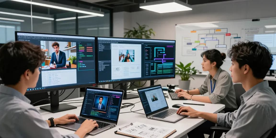 Diverse team analyzing AI-generated images with a free ai detector in a modern workspace.