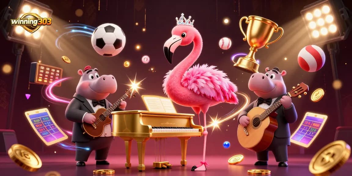 Winning303 showcases a vibrant casino scene featuring a flamingo singer, hippo bassist, and sports elements.