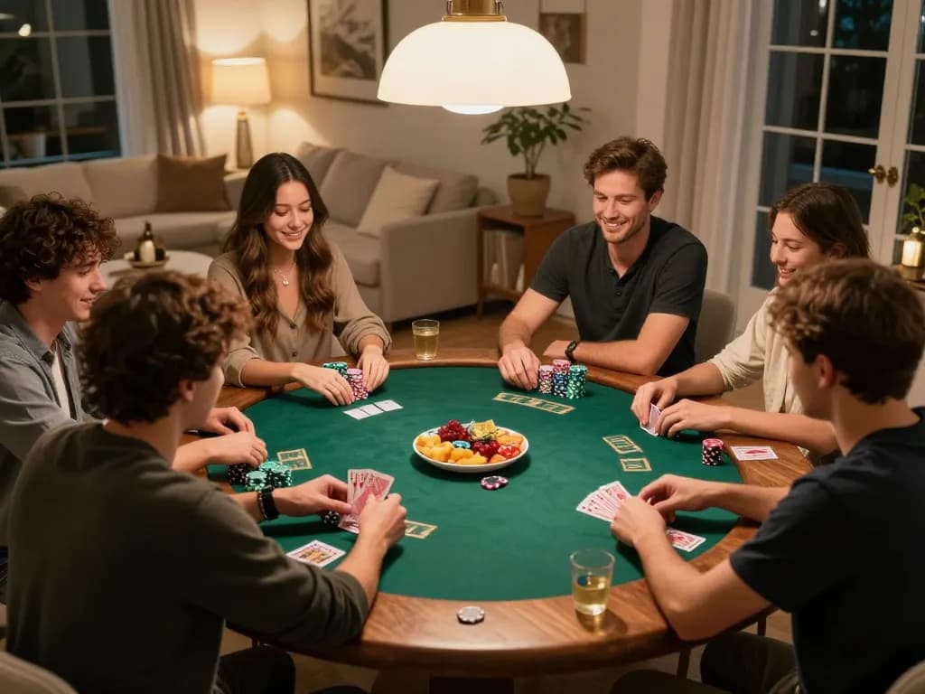 Teman-teman bermain poker di rumah, menunjukkan permainan strategis dan kompetisi yang ramah.
