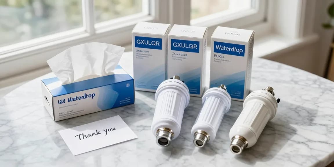 Waterdrop FQK1R, GXULQR Under Sink Replacement Filter featured in an attractive flat-lay, ideal for online shopping and product review.