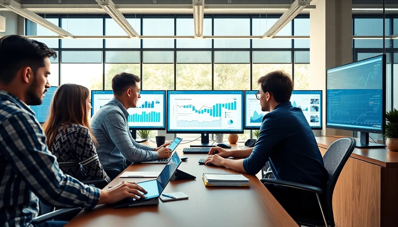 Collaborators analyzing data at https://benchbot.ai with modern technology in a bright office.