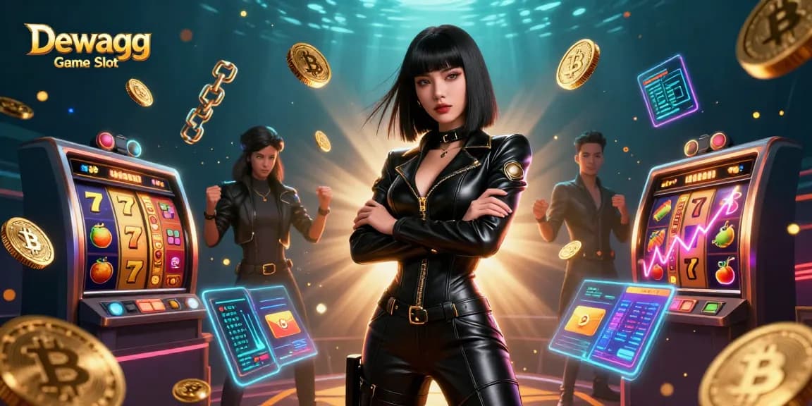 Experience thrilling wins with Dewagg Game Slot, where vibrant reels and crypto coins combine in a dynamic casino scene.
