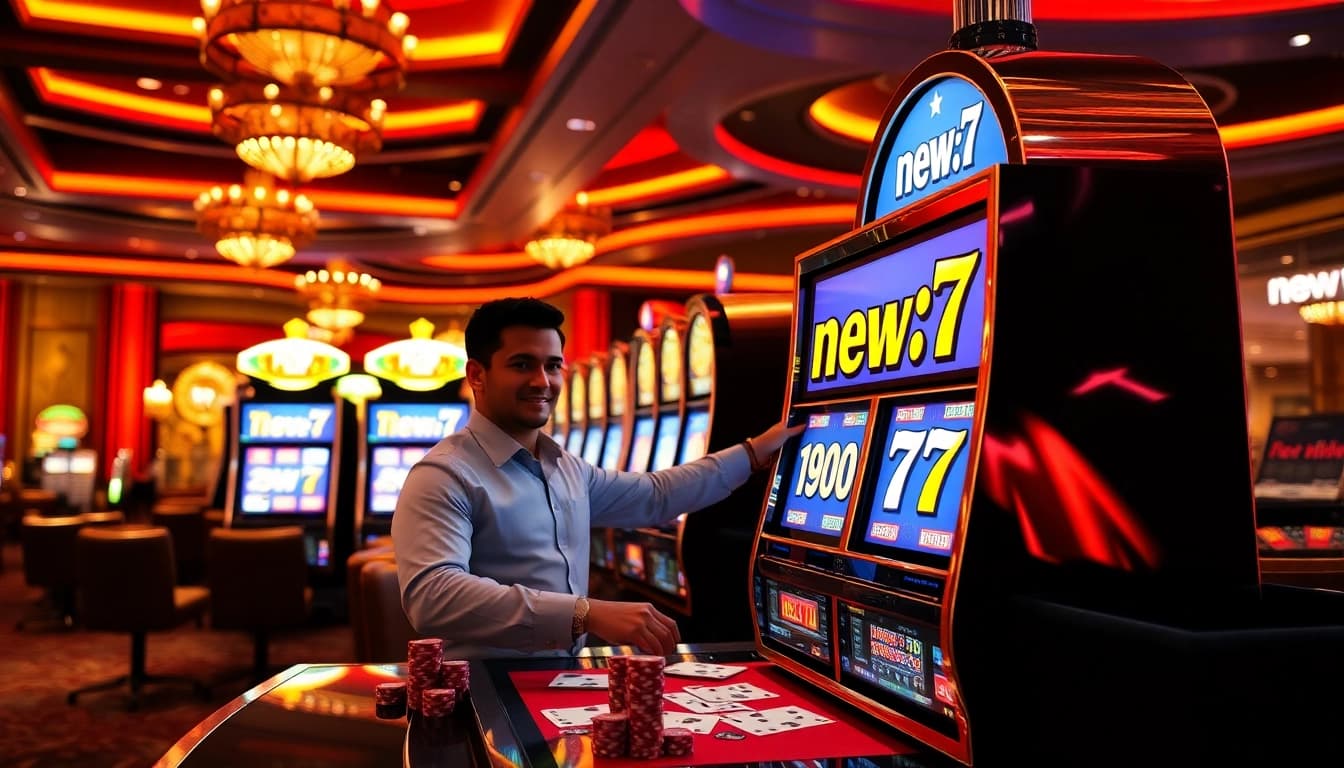 Spin the reels on new77's exciting slot machines in a vibrant casino atmosphere.