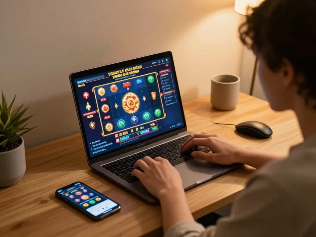 Engaging scene of a player enjoying link slot games on a laptop in a cozy home setup.