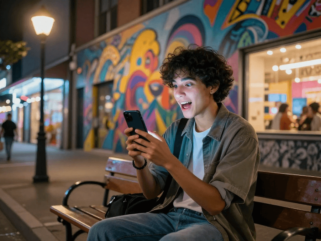 Engaging in hentai ai chat on smartphone amidst neon streets, vibrant urban atmosphere.