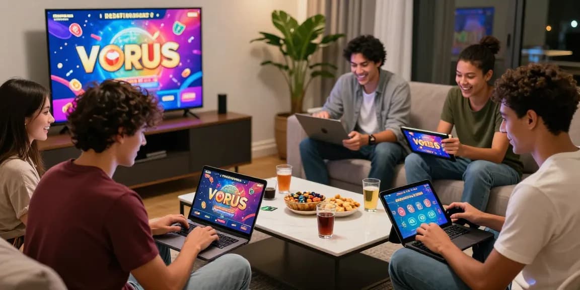 Exciting atmosphere of friends enjoying credit card casinos at home with laptops and promotions.