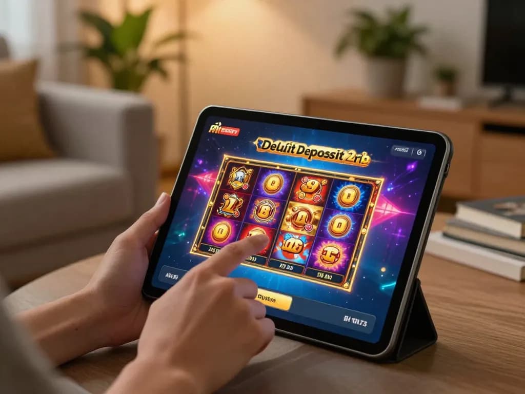 Engaging in online slot deposit 2rb gameplay on a tablet in a cozy living room