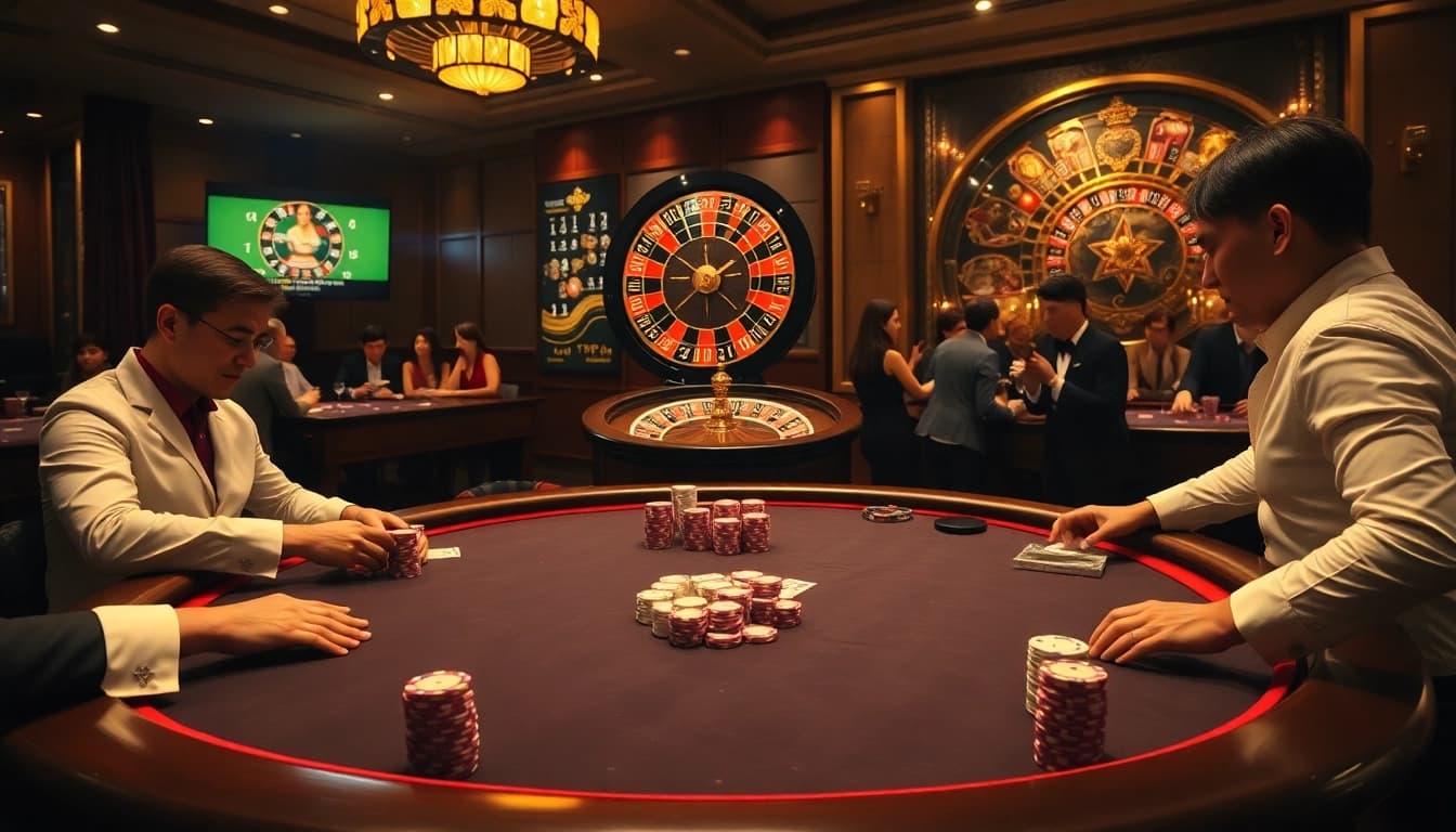 Players enjoying a dynamic session at Nhà cái Go99 poker table, emphasizing excitement and luxury.