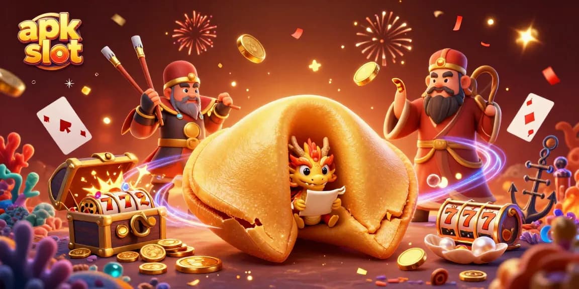 Mainkan apk slot dalam ilustrasi penuh warna dengan karakter unik dan elemen kasino menarik.