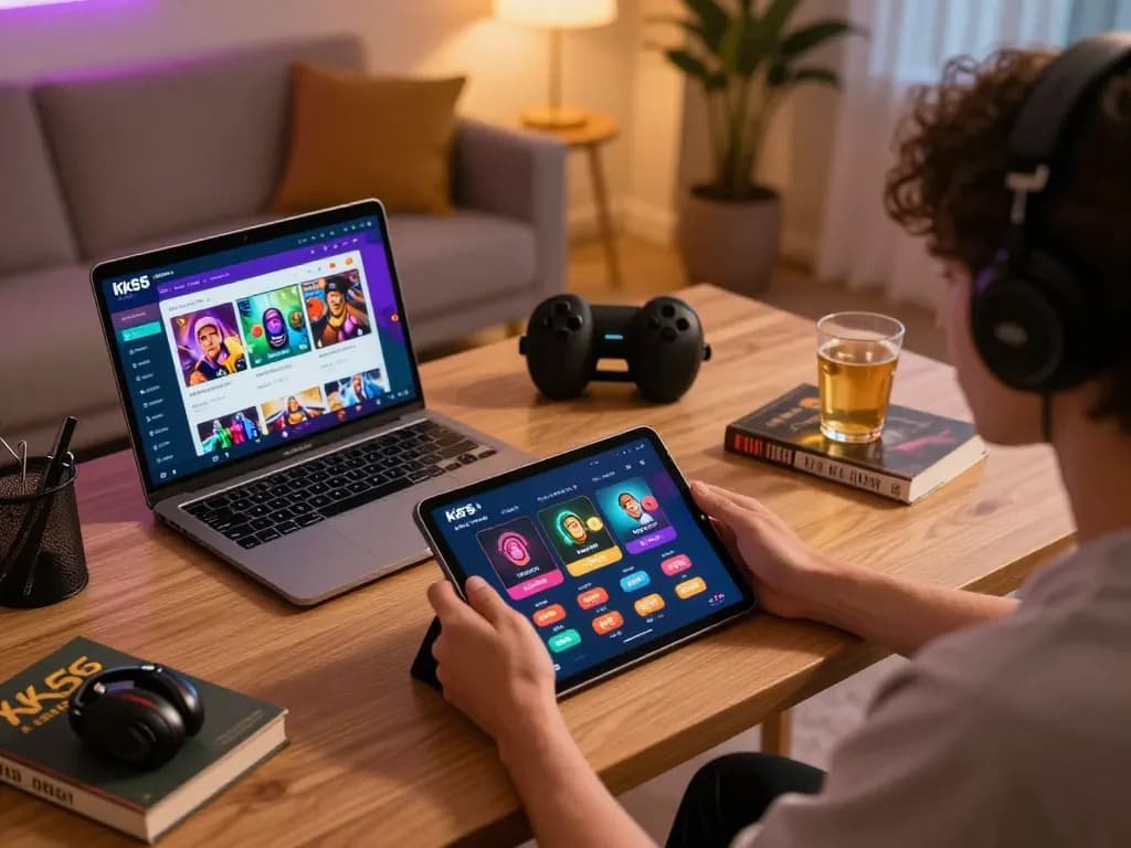 Engaging with the kk55 casino app on a tablet in a cozy home office.