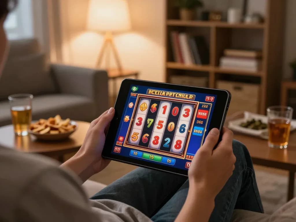 Player engaging with uu88 com casino games on a tablet in cozy living room setting.