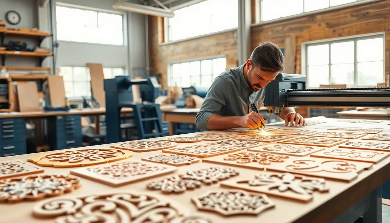 Crafting dxf file for laser cutting designs in a bright workshop with advanced tools.