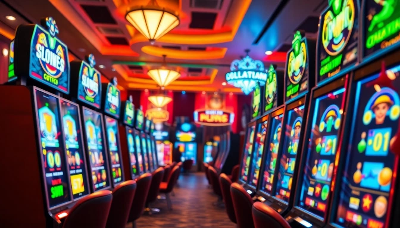 Permainan slot88 yang seru dengan mesin slot berputar dan suasana gembira di sekitarnya.