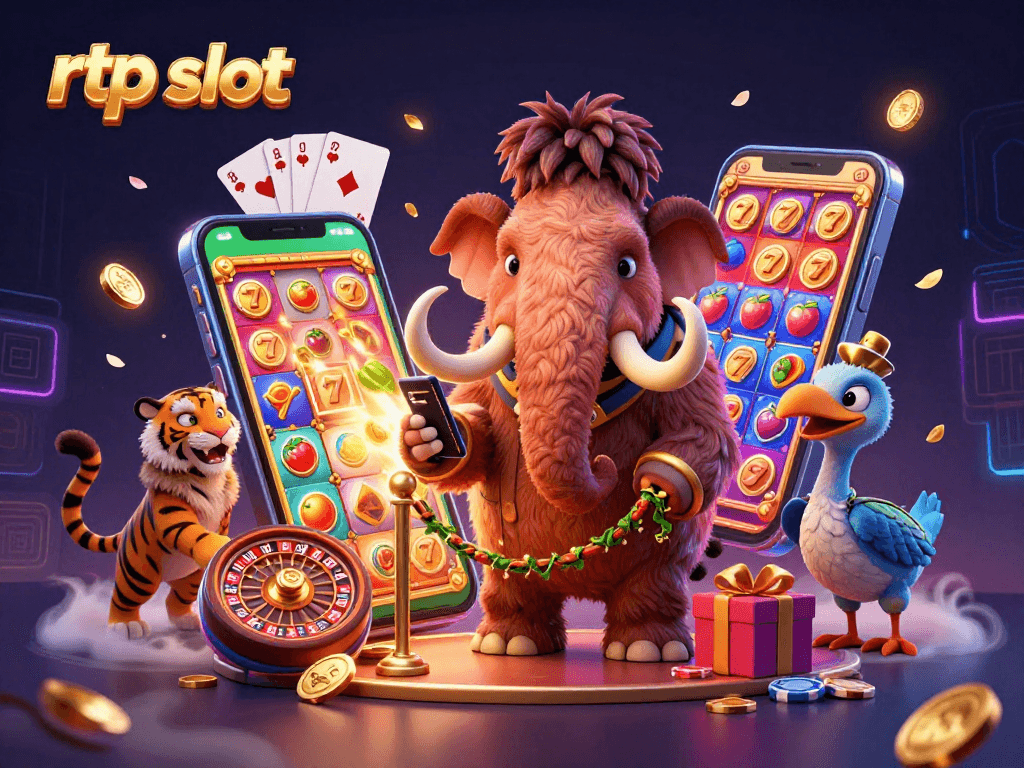 Experience exciting rtp slot action with vibrant characters and slot game elements in a colorful casino scene.