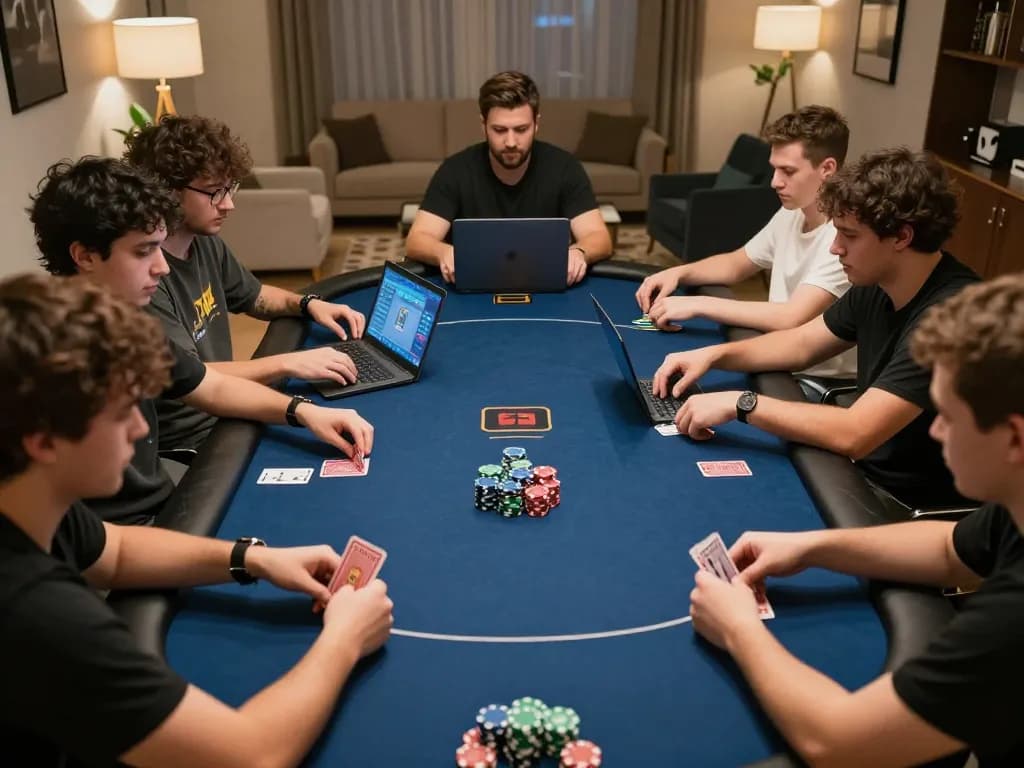 TG88 players engaged in an intense online poker game, showcasing chips and cards.