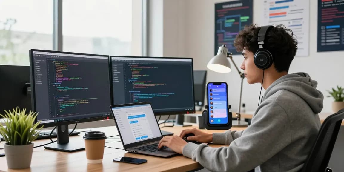 Focused developer coding telegram中文版 interface on multiple monitors in a bright office.
