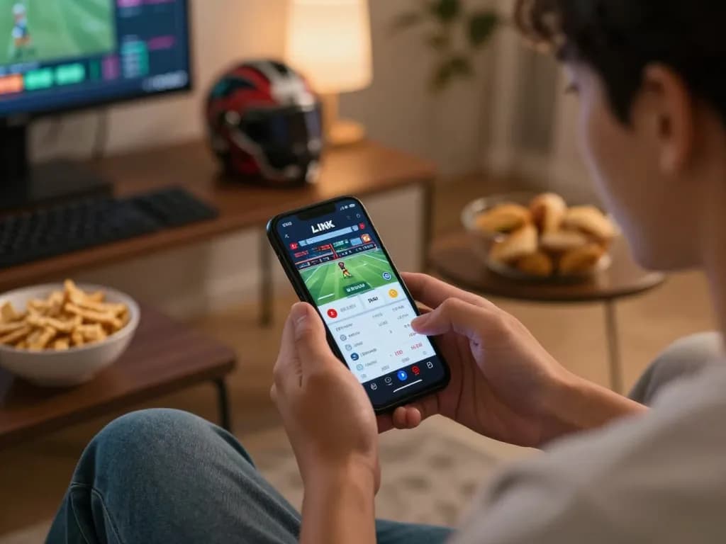 Engaging user analyzing LINK AE888 sports betting app on smartphone, enjoying casual gaming.