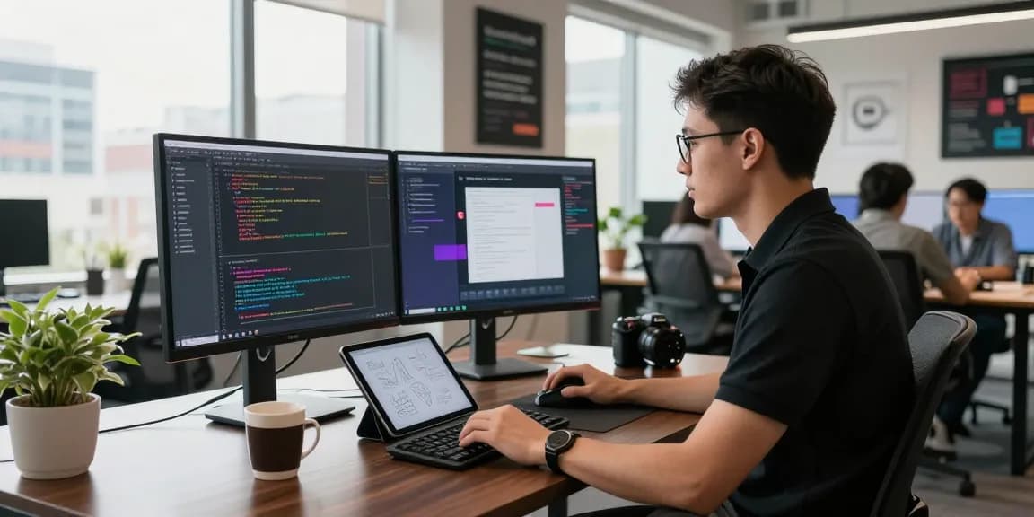 Software engineer coding cika4d on dual monitors in a modern office environment