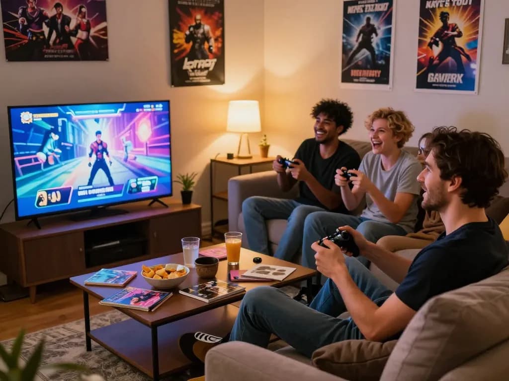 Group of friends playing porn game online in a cozy living room.