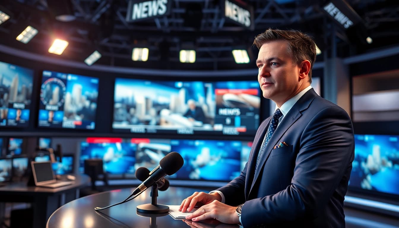 Catch the latest news featuring a professional news anchor delivering updates.