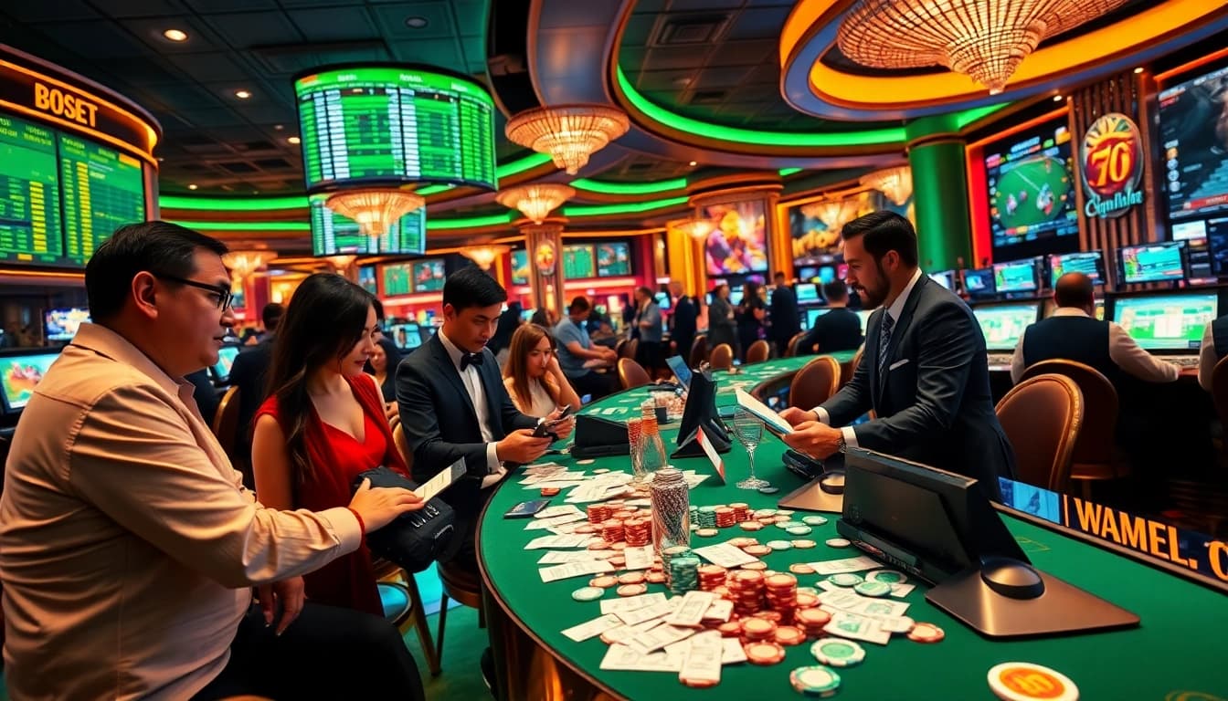 Experience high-stakes sbobet sports betting with vibrant tables, colorful chips, and engaged bettors.