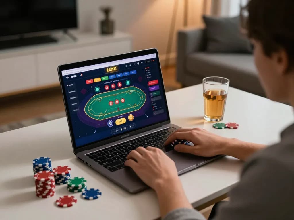 Engaging gameplay on LINK AE888 platform with a player at modern home setup enjoying online casino.