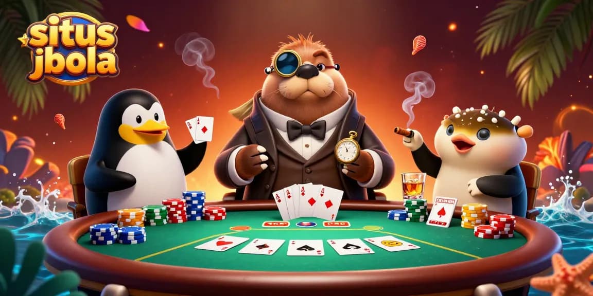 Engage in thrilling gameplay at situs judi bola with an underwater poker scene featuring a savvy walrus and clever characters.